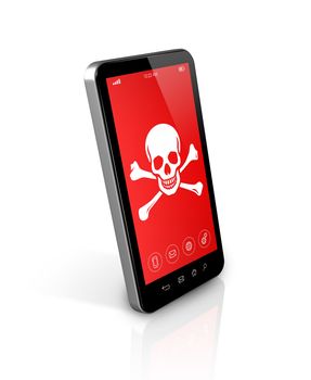 3D smartphone with a pirate symbol on screen. Hacking concept