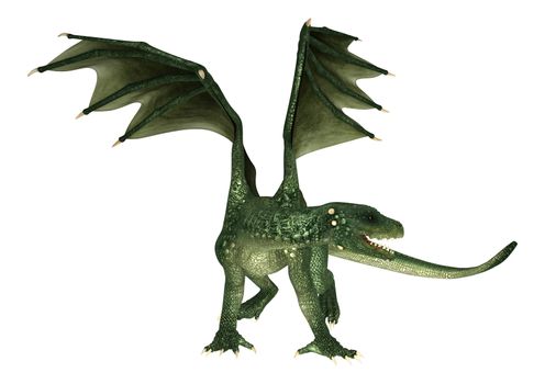 3D digital render of a green fantasy dragon isolated on white background