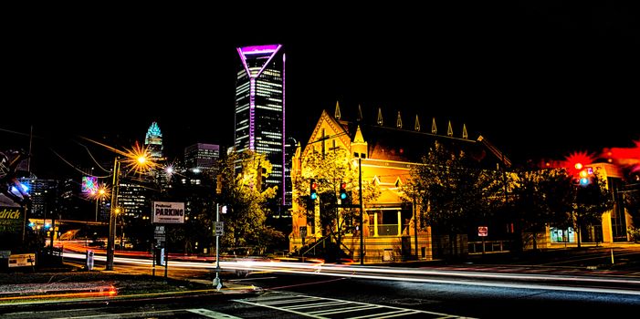 night time on streets of charlotte north carolina