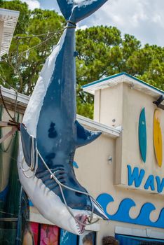 giant fake plastic shark hanging by the store entrance