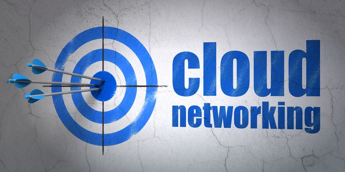 Success cloud technology concept: arrows hitting the center of target, Blue Cloud Networking on wall background