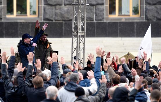 UKRAINE, Kiev: Radical Party leader Oleg Lyashko leads a protest outside the Cabinet of Ministers in Kiev, Ukraine on October 27, 2015, continuing a weeklong encampment as part of the Tariff Maidan protests. The movement calls on the government to establish fair utility tariffs for Ukraine, considered too high by protesters; along with the resignation of the president, prime minister, and cabinet of ministers.