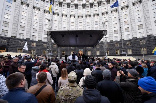 UKRAINE, Kiev: Radical Party leader Oleg Lyashko leads a protest outside the Cabinet of Ministers in Kiev, Ukraine on October 27, 2015, continuing a weeklong encampment as part of the Tariff Maidan protests. The movement calls on the government to establish fair utility tariffs for Ukraine, considered too high by protesters; along with the resignation of the president, prime minister, and cabinet of ministers.