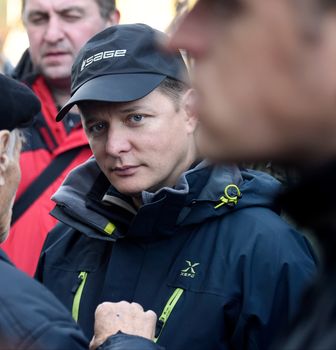 UKRAINE, Kiev: Radical Party leader Oleg Lyashko speaks with protesters outside the Cabinet of Ministers in Kiev, Ukraine on October 27, 2015, continuing a weeklong encampment as part of the Tariff Maidan protests. The movement calls on the government to establish fair utility tariffs for Ukraine, considered too high by protesters; along with the resignation of the president, prime minister, and cabinet of ministers.