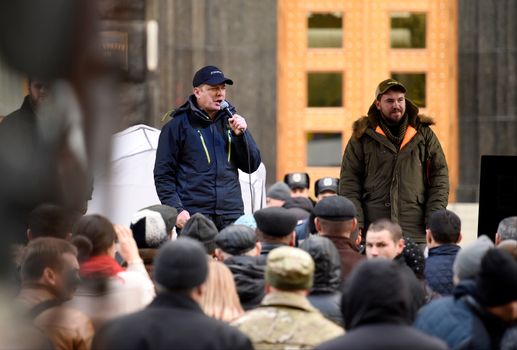 UKRAINE, Kiev: Radical Party leader Oleg Lyashko leads a protest outside the Cabinet of Ministers in Kiev, Ukraine on October 27, 2015, continuing a weeklong encampment as part of the Tariff Maidan protests. The movement calls on the government to establish fair utility tariffs for Ukraine, considered too high by protesters; along with the resignation of the president, prime minister, and cabinet of ministers.