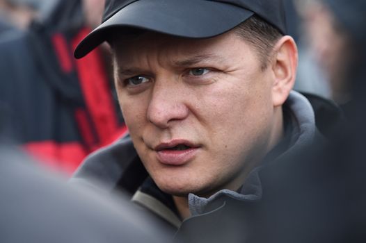 UKRAINE, Kiev: Radical Party leader Oleg Lyashko speaks with protesters outside the Cabinet of Ministers in Kiev, Ukraine on October 27, 2015, continuing a weeklong encampment as part of the Tariff Maidan protests. The movement calls on the government to establish fair utility tariffs for Ukraine, considered too high by protesters; along with the resignation of the president, prime minister, and cabinet of ministers.