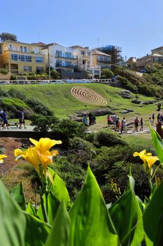 BONDI, AUSTRALIA - OCTOBER 25, 2015;  Annual Sculpture by the Sea free public event.  Exhibit titled Fabrication by Veronica Herber - using minamalist lines to allow the landscape to inform the work.