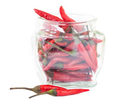 red chili in a glass jar isolated on white background