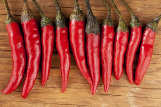 red chilli lying in a row on a wooden background