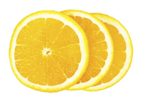 Three orange slices stacked on each other on a white isolated background