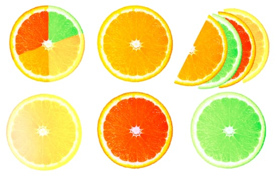 collage of slices of lemon, orange, grapefruit isolated on white background