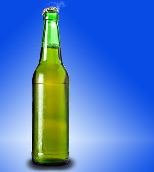 lager beer in glass bottle on a blue background