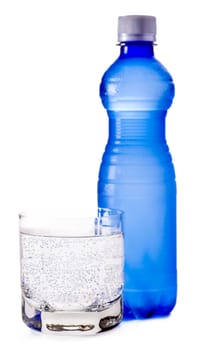 plastic bottle and glass of water isolated on a white background