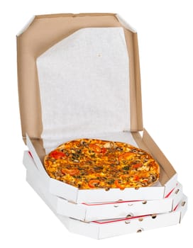 fresh pizza in open box isolated on a white background