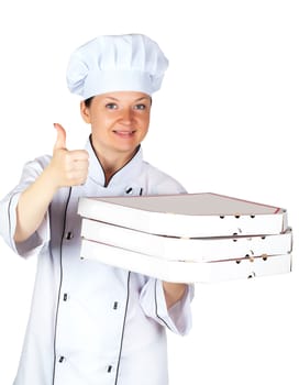 chef with pizza in box isolated on a white background