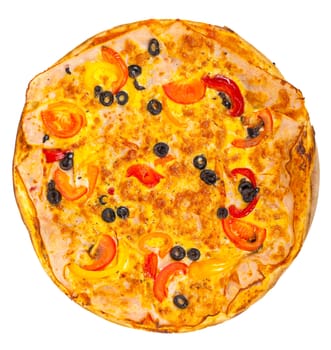 pizza with ham and vegetables isolated on a white background