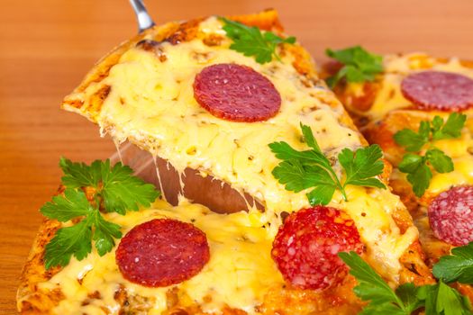 slice of pizza with cheese and salami closeup