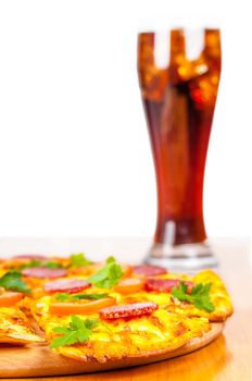 pizza and glass of Coca Cola on a white background