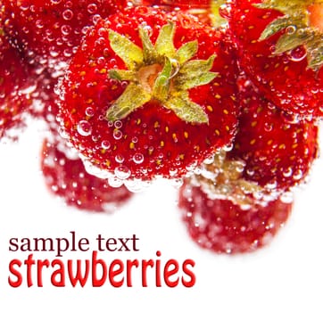 fresh strawberries with bubbles, isolated white background