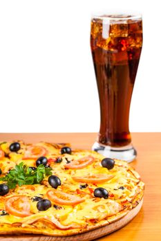 hot fresh pizza and glass of Coca Cola on a white background