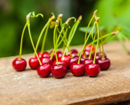 bunch of ripe cherries on a wooden board