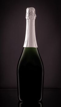 closed bottle of sparkling champagne on a dark background