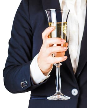 woman in business suit holding a glass of champagne