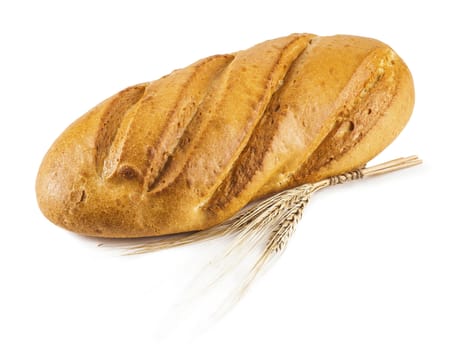 white loaf with ears of wheat on a white background isolated