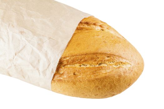 white long loaf in paper packing isolated on a white background