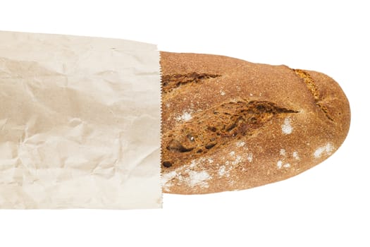 black bread in paper packing isolated on a white background