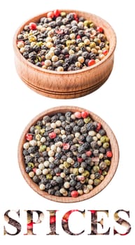 assorted peppers in a wooden bowl isolated on white background