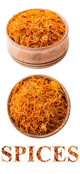 saffron in a wooden bowl isolated on white background