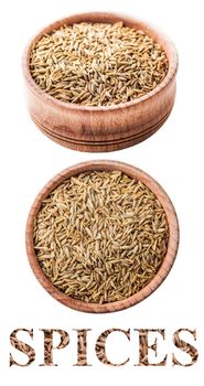 cumin in a wooden bowl isolated on white background