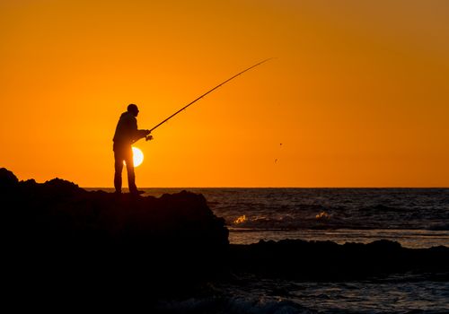 fisherman fishing at dawn, early summer morning
