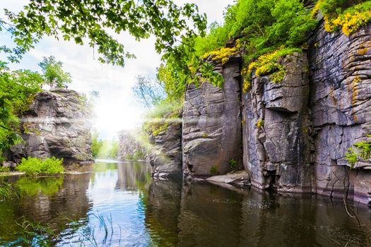 landscape rocky canyon with river and forest