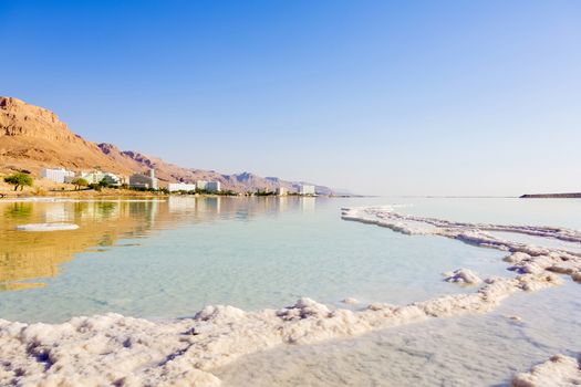 landscape with coastline and hotels at the Dead Sea