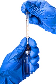 syringe with the vial in hand doctor, isolated white background