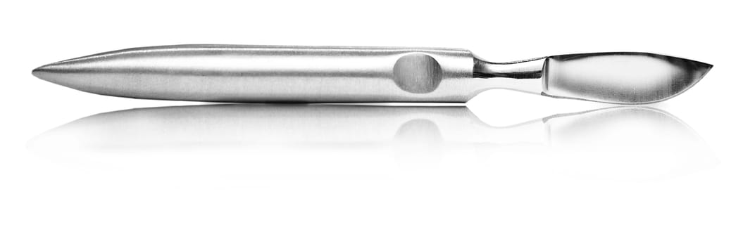 surgical scalpel with great reflection on an isolated white background