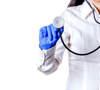 hand with medical endoscope isolated background