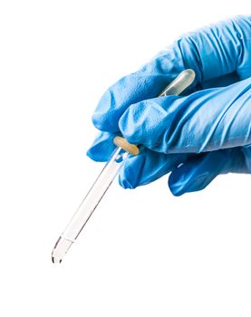 pipette in hand worker on white isolated background