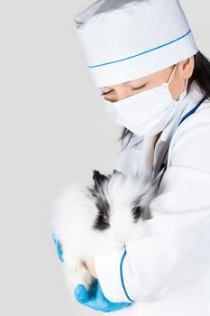doctor with a decorative white rabbit in hands