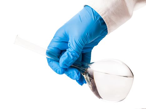 laboratorian holds flask isolated on white background