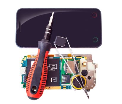 tools and disassembled phone on white isolated background