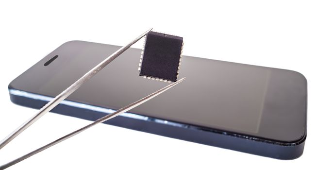 tweezers with detail and phone close-up on white isolated background