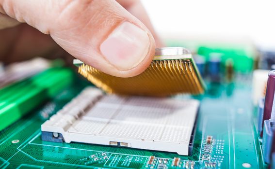 male hand assembles computer parts on the board