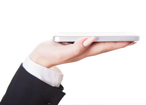 hand holds mobile phone, isolated white background