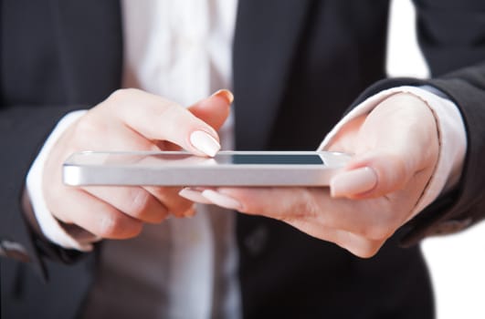 phone in female hands, isolated white background