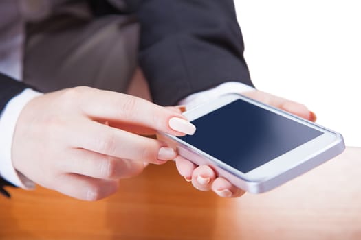 phone in female hands, white background