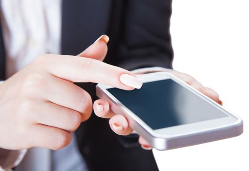 smartphone in female hands, isolated white background