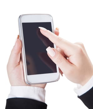 girl holds smart phone, isolated white background
